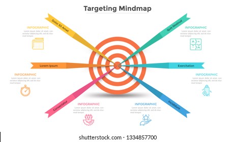 Mind map with 6 arrow-like elements in center of target. Modern infographic design template. Flat vector illustration for visualization of achieved business goals, marketing strategy presentation.