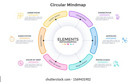 Mind map with 6 colorful elements connected to central circle. Concept of six options to select. Simple infographic design template. Flat vector illustration for business information organization.
