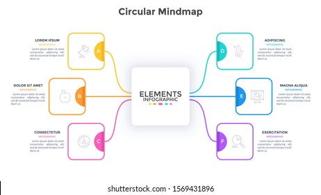 Mind map with 6 paper white rectangular elements connected to main square. Concept of six features of business project. Minimal infographic design template. Flat vector illustration for presentation.