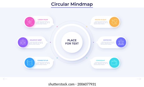 Mind map with 6 round elements surrounding main circle. Concept of six services provided by company. Simple infographic design template. Modern flat vector illustration for business task management.