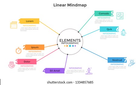 Mind Map With 7 Elements Connected To Main Central Circle. Creative Infographic Design Template. Simple Flat Vector Illustration For Visualization Of Business Information, Report, Presentation.