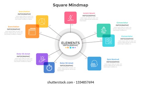 Mind map chart with 8 colorful translucent square elements. Creative infographic design template. Flat vector illustration for schematic visualization or presentation of business information or data.