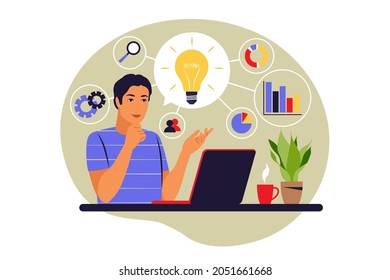 Mind map concept. Business idea generation. Plan development. Brainstorming process. Vector illustration. Flat.