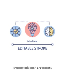 Icono de concepto de Mapa mental. Lluvia de ideas para la creatividad. Planes de investigación. Ilustración en línea delgada de la estrategia de mejora personal. Dibujo de color RGB con contorno aislado por vectores. Trazo editable