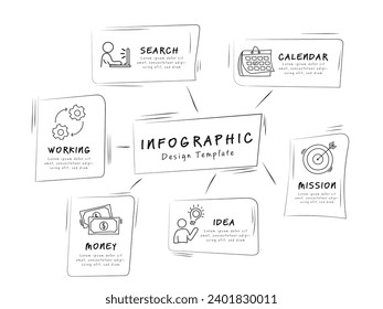 Mind map design template, Hand drawn infographic 6 step use for your design or presentation, Graphic diagram, organizational chart, Vector illustration.