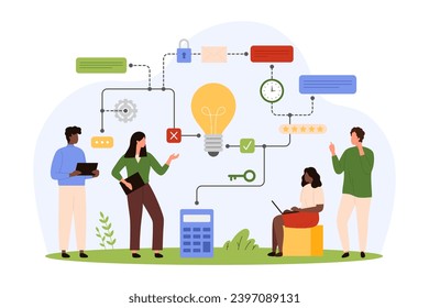 Mind map diagram to clarify decision vector illustration. Cartoon tiny people research visualization of information, project from data charts and light bulb in network, brainstorming process of team