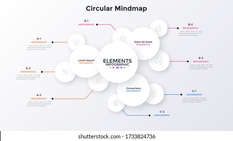 Mind Map Diagram With Overlaying Paper White Round Bubbles. Concept Of Visualization Of Startup Company Features. Modern Infographic Design Template. Simple Vector Illustration For Business Analysis.