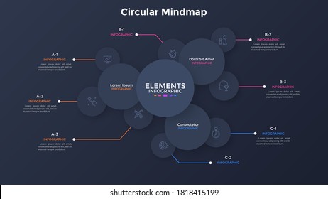 Mind Map Diagram With Overlaying Paper Black Round Bubbles. Concept Of Visualization Of Startup Company Features. Modern Infographic Design Template. Simple Vector Illustration For Business Analysis.