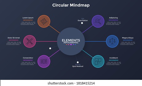 Mind map diagram with six colorful round elements connected to main circle. Modern infographic design template. Simple flat vector illustration for visualization of business information, presentation.