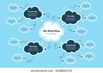 Mind map diagram with think bubbles and place for your content - blue version. Presentation template for project data visualization.