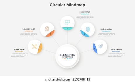 Mind map with five paper white circles connected to main round element. Concept of 5 options of business project. Modern infographic design template. Minimal flat vector illustration for banner.