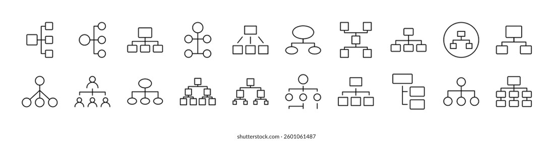 Mind Map or Hierarchy Collection of Thin Icons. Editable Stroke. Suitable for Web Sites, Books, Cards, Apps
