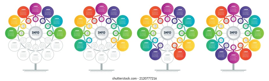 Mind map, Infographic or Business presentation with 4 options. Vector dynamic infographics of technology or education process with 7, 9, 11, or 12 steps. Web Template of a chart, mind map or diagram.