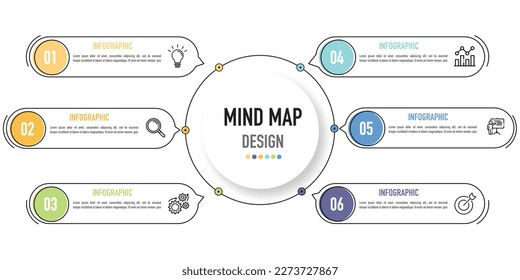 Mind map infographic business template or element as a vector including 6 step or process with colorful circle label and icons on white background for sale slide, presentation, minimal, modern style 