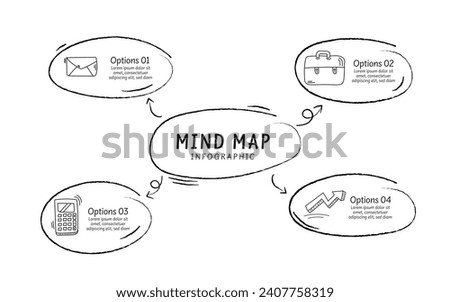 Mind map infographic doodle design template. Hand drawn Timeline concept with 4 options or steps template. layout, diagram, Vector illustration.