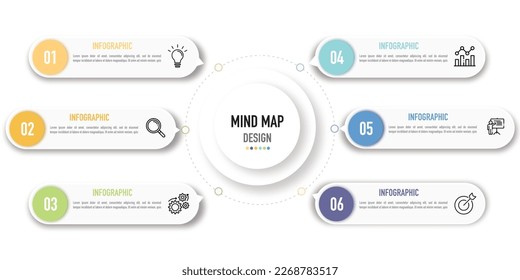 Mind map infografía plantilla o elemento como vector con 6 puntos, viñeta, opción, proceso, sobre fondo blanco, etiqueta de círculo colorido, moderno, sencillo, mínimo estilo, para presentación con iconos