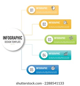 Mind map infographic template or element with 5 step, process, option, colorful 3D rectangle, circle, tag, button, icons, circular, thin line, gradient color for sale slide brochure flowchart workflow