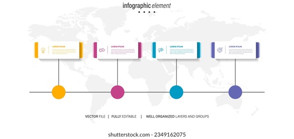 Mind map infographic template or element as a vector with 4 step, process, option, colorful label, icons, semicircular, circular, branch arrow, for sale slide or presentation, minimal, modern style
