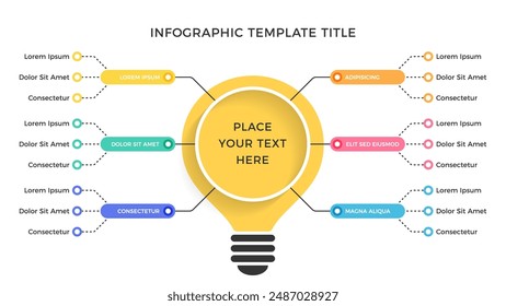 Mind map infographic template with a light bulb with six branches representing different thoughts, ideas, and concepts, vector eps10 illustration