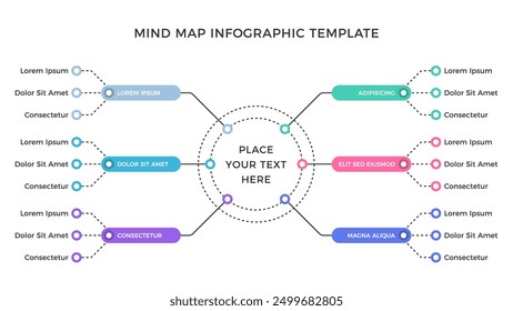 Mind map infographic template with six branches, vector eps10 illustration