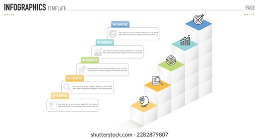 Mind map isometric infographic template or element with 5 step, process, option, colorful icons, 3D cube, rectangular, box, origami, stair, ladder layer for sale slide, minimal modern simple style