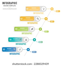 Mind map origami infographic template or element with 5 step, process, option, colorful 3D rectangle, circle, label, icons, circular, rectangular, tag, button, note for sale slide, brochure flowchart