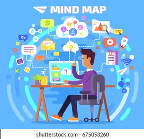 Mind Map of person who works at computer with apps, chat managers, internet and personal data icons vector illustration.