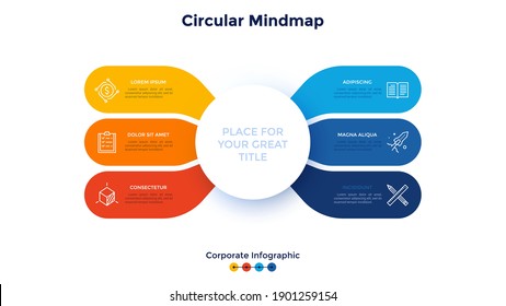 Mind map or scheme with six colorful elements connected to main circle. Concept of 6 features of startup project. Corporate infographic design template. Minimal flat vector illustration for banner.