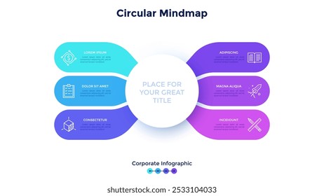 Mapa da mente ou esquema com seis elementos coloridos ligados ao círculo principal. Conceito de 6 características do projeto de inicialização. Modelo de design de infográfico corporativo. Ilustração de vetor plano mínima para banner.