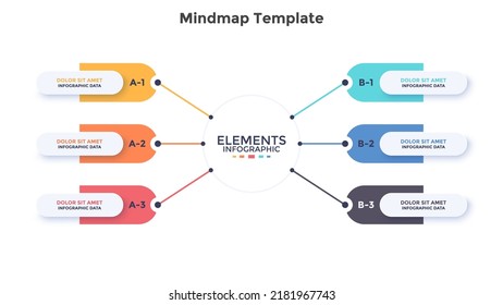 Mind map or scheme with six elements surrounding main circle. Concept of 6 options of business development plan. Simple infographic design template. Modern flat vector illustration for presentation.