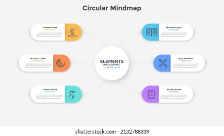 Mind map o esquema con seis elementos blancos de papel redondeados conectados al círculo central. Concepto de 6 características del proyecto de inicio. Plantilla moderna de diseño infográfico. Ilustración vectorial plana mínima.