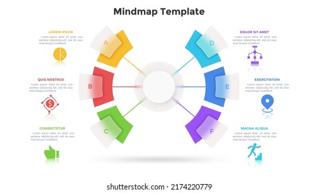 Mind map with six glass elements connected to main circle. Concept of 6 features of strategic planning. Minimal infographic design template. Modern flat vector illustration for business presentation.