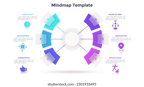 Mind map with six glass elements connected to main circle. Concept of 6 features of strategic planning. Minimal infographic design template. Modern flat vector illustration for business presentation.