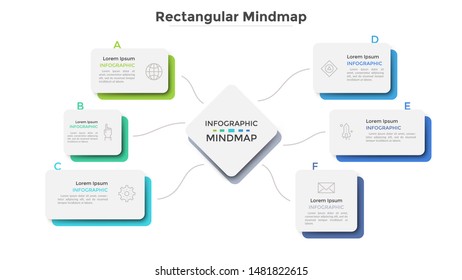 Mind map with six paper white elements connected to central rectangle. Modern scheme for organization of business information. Simple infographic design template. Vector illustration for presentation.