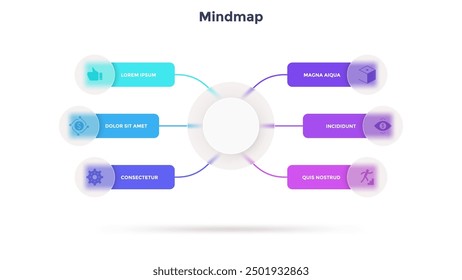 Mind map with six rectangles surrounding main translucent round element. Concept of 6 options of management strategy. Simple infographic design template. Modern flat vector illustration for report.