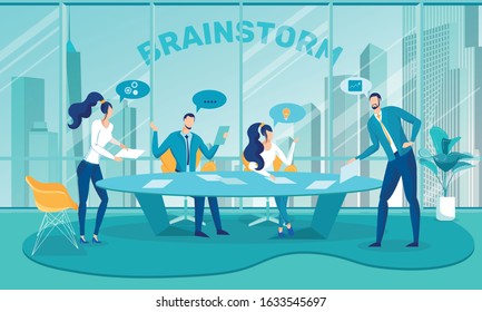 Mind Map Team or Brainstorm Meeting in Company. Business People Generate and Share Creative Ideas. Innovation and Creative Initiative, New Technology Integration. Flat Cartoon Vector Illustration.