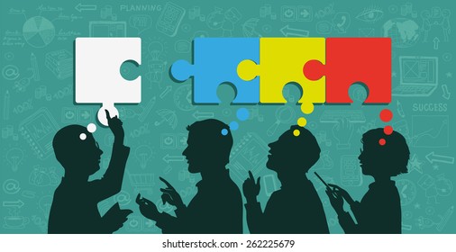 Mind Map Team - vector Illustration. Business people group over conceptual. Silhouettes of people on a background of business icons.