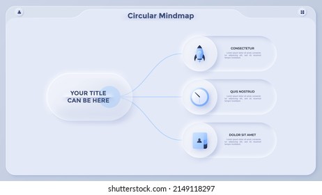 Mind map with three circles connected to main rounded element. Concept of 3 customer services provided by company. Simple infographic design template. Modern neumorphic vector illustration for report.