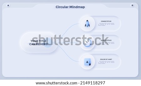 Mind map with three circles connected to main rounded element. Concept of 3 customer services provided by company. Simple infographic design template. Modern neumorphic vector illustration for report.