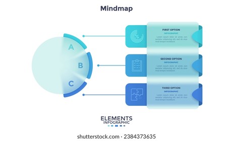 Mind map with three rectangular elements connected to main circle. Concept of business plan with 3 strategic steps. Minimal infographic design template. Modern flat vector illustration for report.