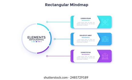 Mind-Map mit drei rechteckigen Elementen, die mit dem Hauptkreis verbunden sind. Business-Paket mit 3 strategischen Schritten. Minimale infografische Design-Vorlage. Moderne flache Vektorillustration für Bericht.