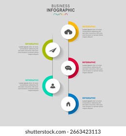 Mind map with three rectangular elements connected to main circle. Concept of business plan with 5 strategic steps. Minimal infographic design template. Modern flat vector illustration for report.