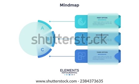 Mind map with three rectangular elements connected to main circle. Concept of business plan with 3 strategic steps. Minimal infographic design template. Modern flat vector illustration for report.