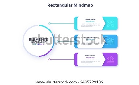 Mind map with three rectangular elements connected to main circle. Concept of business plan with 3 strategic steps. Minimal infographic design template. Modern flat vector illustration for report.