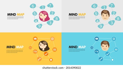 Girl’s mind map, boy’s mind map, use your creativity and your own ideas in logical thinking, connect messages, diagrams, settings, directions, scans, arrows, expressions, check, vector illustration