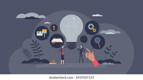 Mind mapping and creative thinking strategy for new ideas tiny person concept. Idea planning and effective cognitive process vector illustration. Find solution with effective information structuring.