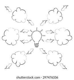 Mind mapping sketch style. Drawing in pencil on white paper. White and black.