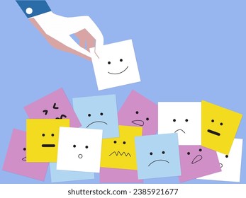 Mente, Concepto de Salud Mental. Variedades de estado de ánimo y emoción al revés. muchas notas pegajosas a bordo con caricatura manuscrita Emoticon Face. ilustración vectorial.