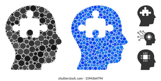 Mind mosaic of filled circles in different sizes and shades, based on mind icon. Vector filled circles are united into blue collage. Dotted mind icon in usual and blue versions.