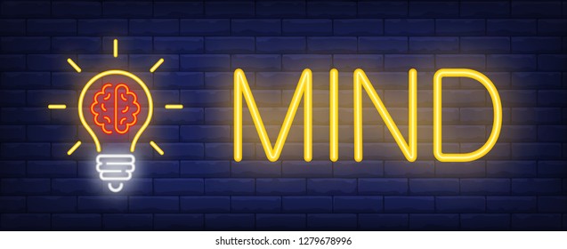 Mind neon text with light bulb and brain. Idea concept design. Night bright neon sign, colorful billboard, light banner. Vector illustration in neon style.
